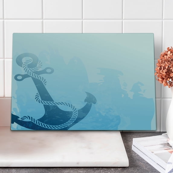 Nautical Cutting Board, Monochrome Anchor Illustration Deep down in the Sea Bottom Be Strong and Stable, Decorative Tempered Glass Cutting and Serving Board, Large Size, Pale Blue, by Ambesonne