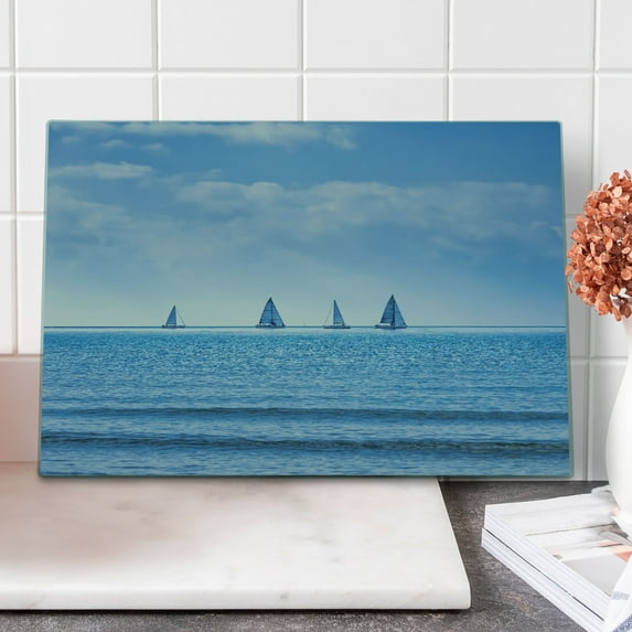 Nautical Cutting Board, Racing Yachts on Ocean Water Regatta Race Panoramic Distant View Relax Win Photo, Decorative Tempered Glass Cutting and Serving Board, Large Size, Pale Blue, by Ambesonne