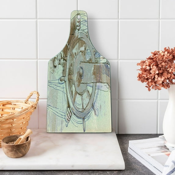 Nautical Cutting Board, Sea Captain the Leader Seaman Sketch Art Navigation Navy Classical Flying Bird, Tempered Glass Cutting and Serving Board, Wine Bottle Shape, Brown Cream, by Ambesonne