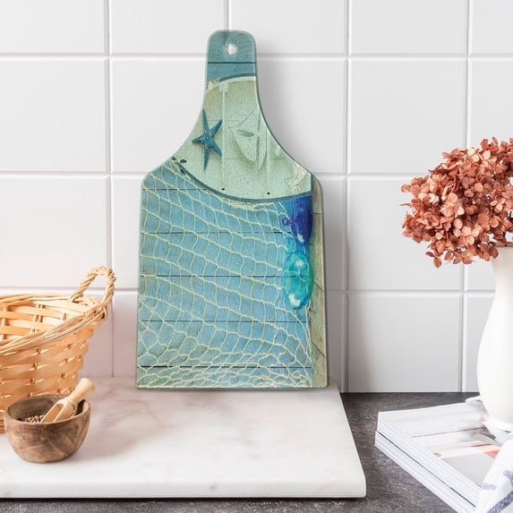 Nautical Cutting Board, Sea Objects on Wooden Backdrop Vintage Boat Starfish Shell Fishing Net Photo, Decorative Tempered Glass Cutting and Serving Board, Wine Bottle Shape, Blue White, by Ambesonne