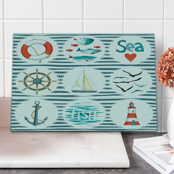 Nautical Cutting Board, Sea Set Fishes Life Gulls Lighthouse Marine Inspired Maritime Theme, Decorative Tempered Glass Cutting and Serving Board, Large Size, White Red Blue, by Ambesonne