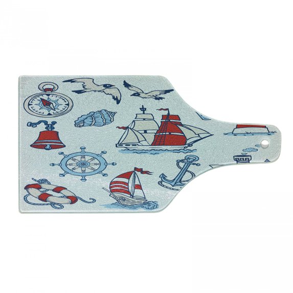 Nautical Cutting Board, Symbolic Sea Creatures Navigation Gulls Compass Holiday Shell Water Rope Design, Decorative Tempered Glass Cutting and Serving Board, Wine Bottle Shape, Blue Red, by Ambesonne
