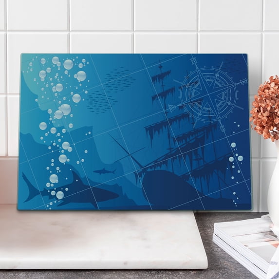 Nautical Cutting Board, Underwater Sharks Old Ship Compass Windrose Deep Water Bubbles Illustration, Decorative Tempered Glass Cutting and Serving Board, Large Size, Blue White, by Ambesonne