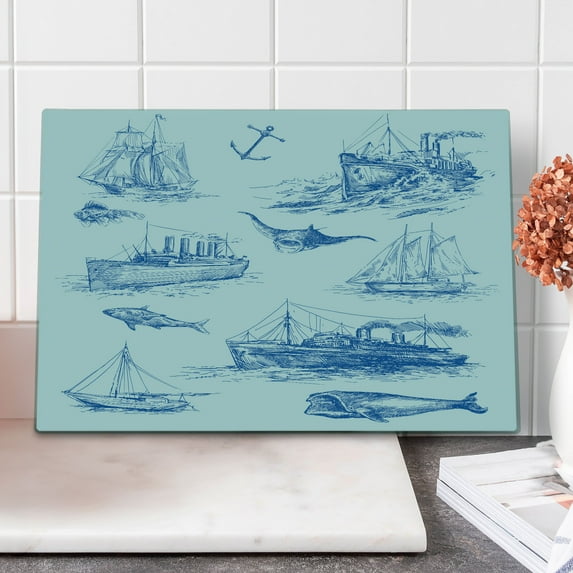 Nautical Cutting Board, Nautical Underwater Wildlife Shark Boat Ships Navy Stormy Weather, Decorative Tempered Glass Cutting and Serving Board, Large Size, Pale Blue Blue, by Ambesonne