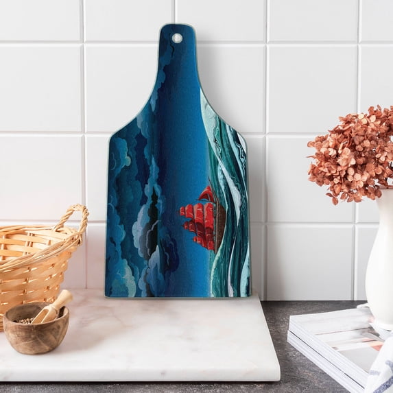 Nautical Cutting Board, Vintage Vessel Sailing in Stormy Weather at Dark Night Majestic Wave Print, Tempered Glass Cutting and Serving Board, Wine Bottle Shape, Blue Orange Plum, by Ambesonne