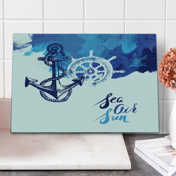Nautical Cutting Board, Vivid Ocean Back with Paint Effects with Wind Rose and Rudder Cruise Image, Decorative Tempered Glass Cutting and Serving Board, Large Size, Blue and White, by Ambesonne