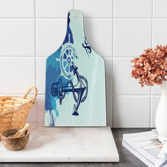 Nautical Cutting Board, Vivid Ocean Back with Paint Effects with Wind Rose and Rudder Cruise Image, Tempered Glass Cutting and Serving Board, Wine Bottle Shape, Blue and White, by Ambesonne