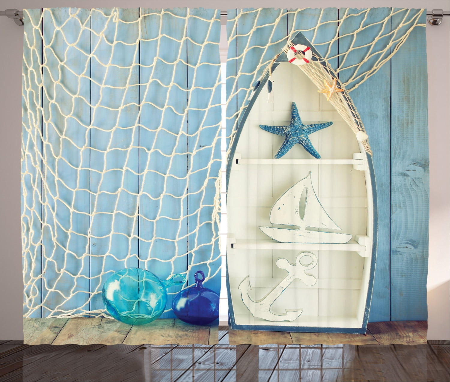 Nautical Blue and White Polyester Sheer Curtain Panels Set