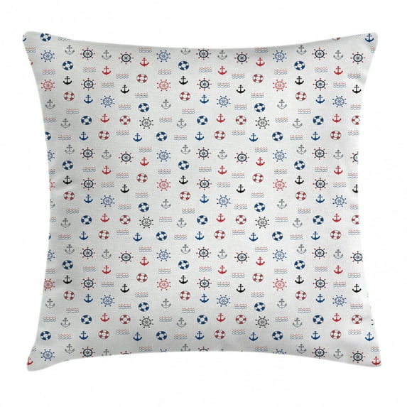 Nautical Decor Throw Pillow Cushion Cover, Marine Elements Featured Lifebuoy Anchor Compass Sea Waves Kids Nursery Theme, Decorative Square Accent Pillow Case, 18 X 18 Inches, Blue Red, by Ambesonne