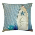 thumbnail image 1 of Nautical Decor Throw Pillow Cushion Cover, Sea Objects on Wooden with Vintage Boat Starfish Shell Fishing Net Photo, Decorative Square Accent Pillow Case, 16 X 16 Inches, Blue White, by Ambesonne, 1 of 2
