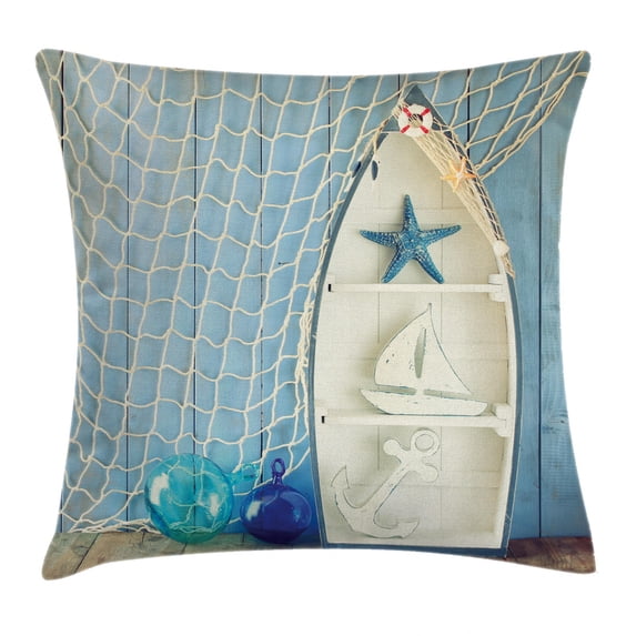 Nautical Decor Throw Pillow Cushion Cover, Sea Objects on Wooden with Vintage Boat Starfish Shell Fishing Net Photo, Decorative Square Accent Pillow Case, 24 X 24 Inches, Blue White, by Ambesonne