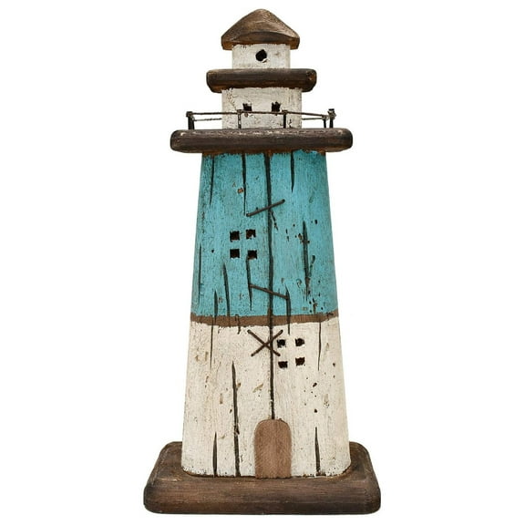 Nautical Decor Wooden Lighthouse Beach Themed Ornaments Coastal Ocean Decoration Decorative Wood Light HouseTable Centerpiece Tower Lights Figurine for Shelf Fireplace (Blue L)