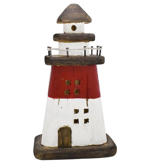 Nautical Decor Wooden Lighthouse Beach Themed Ornaments Coastal Ocean Decoration Decorative Wood Light HouseTable Centerpiece Tower Lights Figurine for Shelf Fireplace (Red)