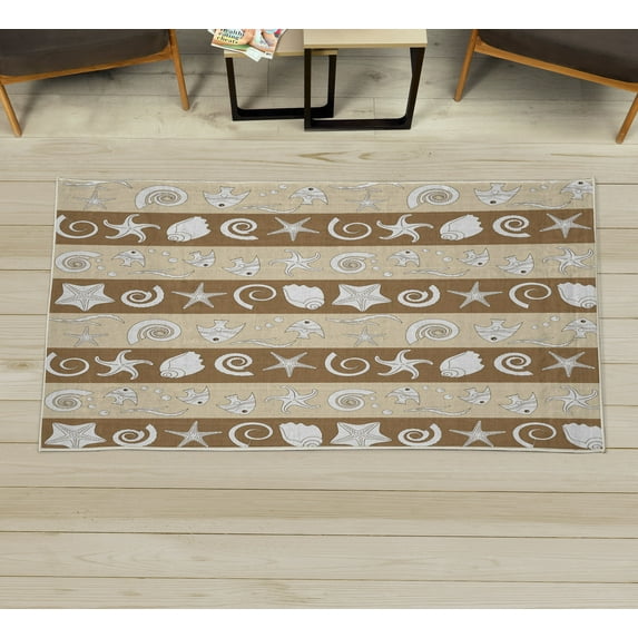 Nautical Decorative Rug, Marine Theme Sea Animals Fishes Shells on Striped Blue Background, Quality Carpet for Bedroom Dorm and Living Room, 6 Sizes, Pale Brown, by Ambesonne