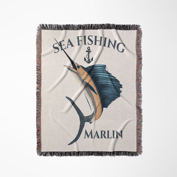 Nautical Deep Sea Fishing Design With Ship Anchor And Marlin Fish., Woven Blanket