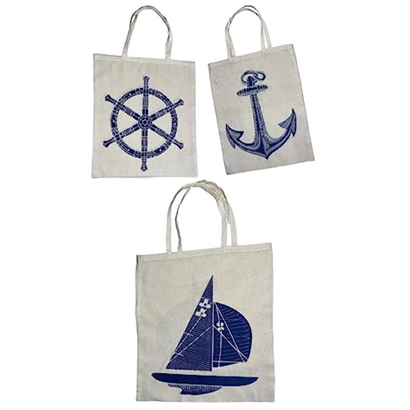 Nautical Design 3 Pcs, Natural Canvas Tote Bags Size: 14 x 16 inch. Wheels, Anchor and ship Double side Same Print, Tote bags, Reusable for Grocery Shopping Bags Machine Washable.