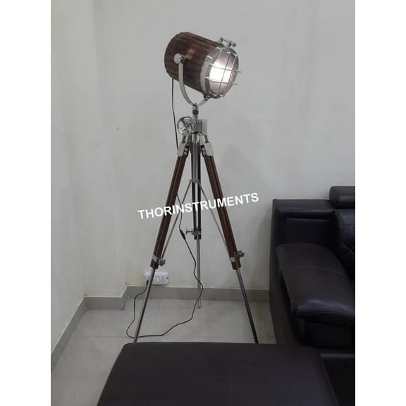 Nautical Designer Modern Wooden Search Light Spotlight Tripod Floor Lamp