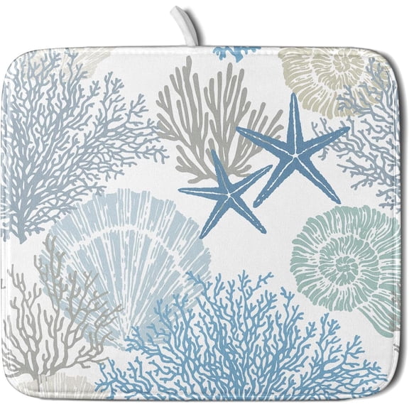Nautical Dish Drying Mat for Kitchen Counter Coastal Seashell Starfish Summer Microfiber Absorbent Dish Draining Reusable Washable Foldable 16"x18"