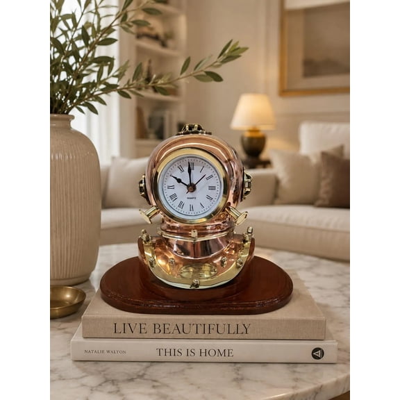 Nautical Diving Helmet Clock Vintage Copper Brass Desk Clock Maritime Table Decor Coastal Office Clock Steampunk Home Accent Gift