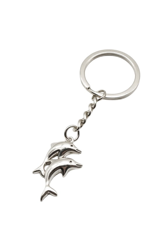 Nautical Dolphin Keychain - Silver Bronze Double Dolphin Charm Key Holder with Key Ring, Mini Size, Durable Build for Backpacks, Car Keys & Beach Gift