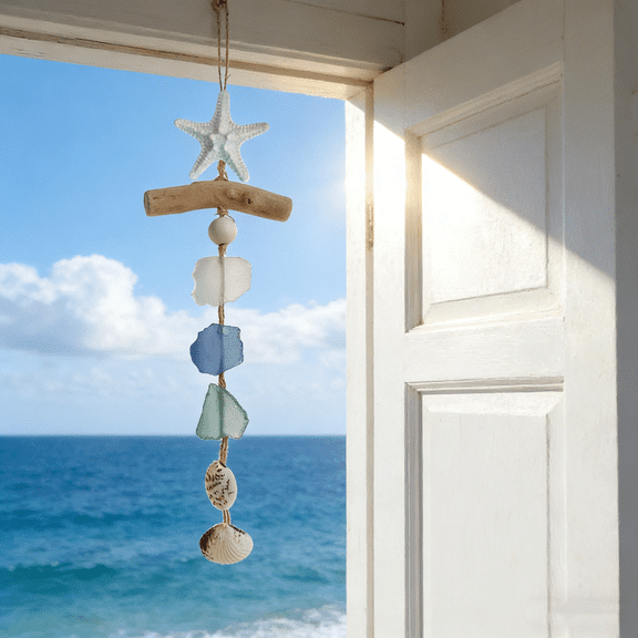 Nautical Driftwood Wall Decor, Sea Glass Starfish Hanging Piece, Beige 1 Pc, Bathroom Wall Decor, Porch Accent