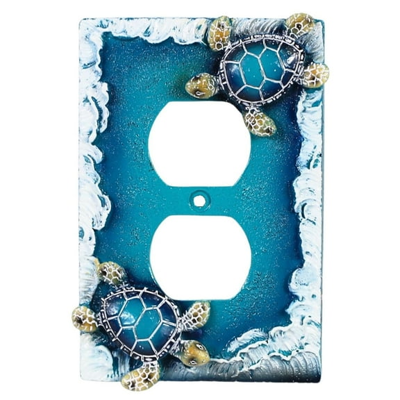 Nautical Duplex Outlet Receptacle (1 Gang) Wall Plate with Sea Turtle and Ocean Waves Design, Coastal Home Décor and Beach Theme Outlet Cover