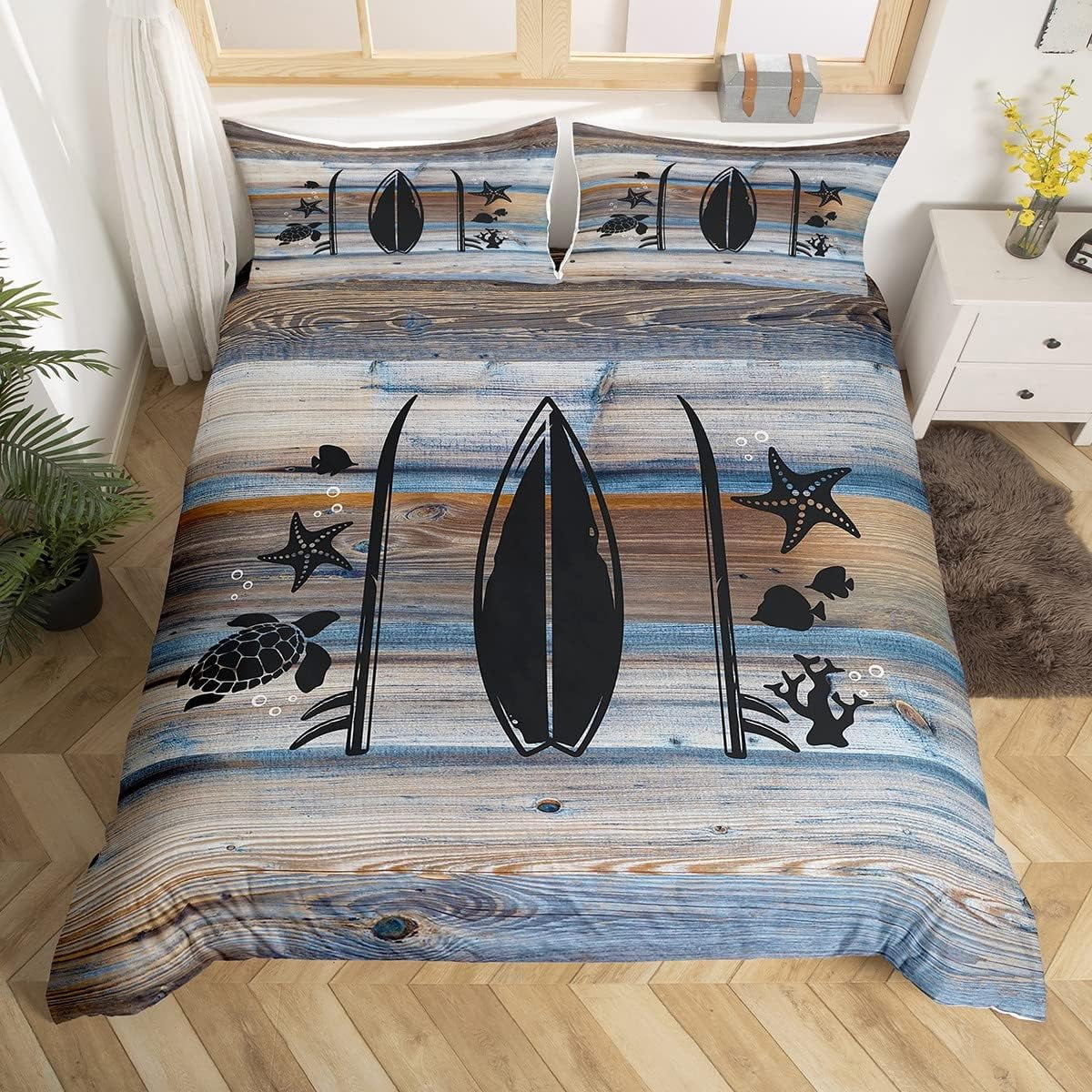 Nautical Duvet Cover King Size,Tropical Coastal Starfish Turtle Fish