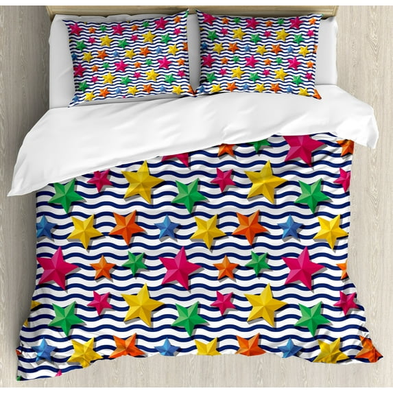 Nautical Duvet Cover Set, 3D Colorful Stars and Blue Wavy Stripes Marine Theme Starfish Graphic Art, Decorative 3 Piece Bedding Set with 2 Pillow Shams, Queen Size, Multicolor, by Ambesonne