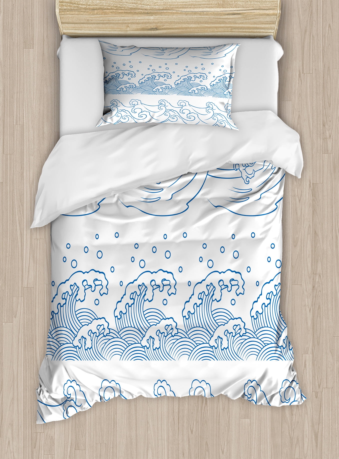Twin Blue and White Japanese Wave Duvet Cover Set