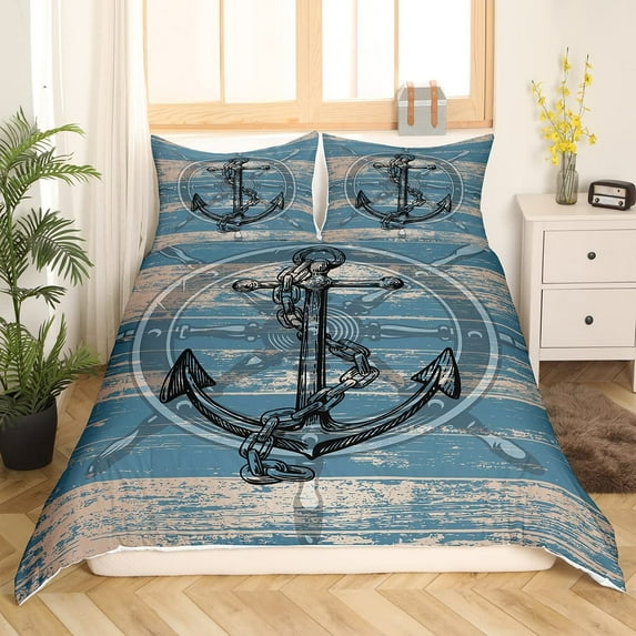 Nautical Duvet Cover Set Boat Pirate Bedding Set King Size Retro Sailboat Brown Comforter Cover Anch