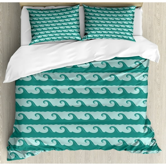 Nautical Duvet Cover Set, Cartoon Design Swirling Ocean Waves Flow in Pastel Colors Print, Decorative 3 Piece Bedding Set with 2 Pillow Shams, Calking Size, Teal and Pale Seafoam, by Ambesonne