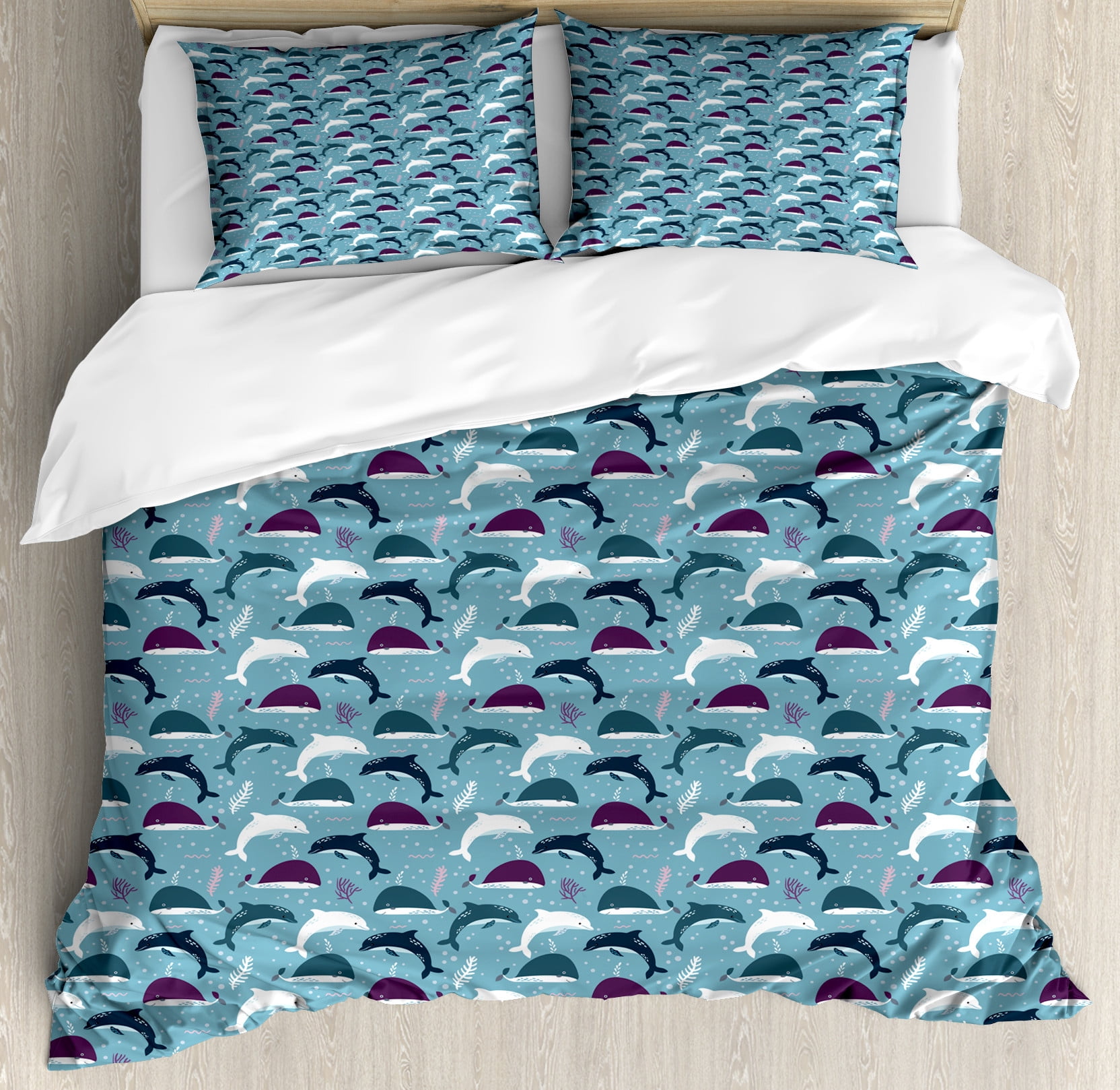 Nautical Duvet Cover Set, Cartoon Sea Life Underwater World With Whales 