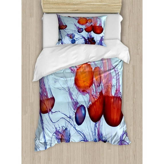 Nautical Duvet Cover Set, Colorful Jellyfish in Ocean Seaside Waterdrop Detailed Composition Sea Life, Decorative 2 Piece Bedding Set with 1 Pillow Shams, Twin Size, Pale Blue Rust, by Ambesonne