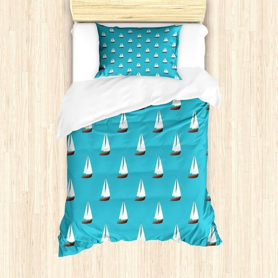 Nautical Duvet Cover Set, Continuous Summery Marine Sailing Boats on Aqua Toned Backdrop, Decorative 2 Piece Bedding Set with 1 Pillow Shams, Twin Size, Deep Sky Blue White and Brown, by Ambesonne