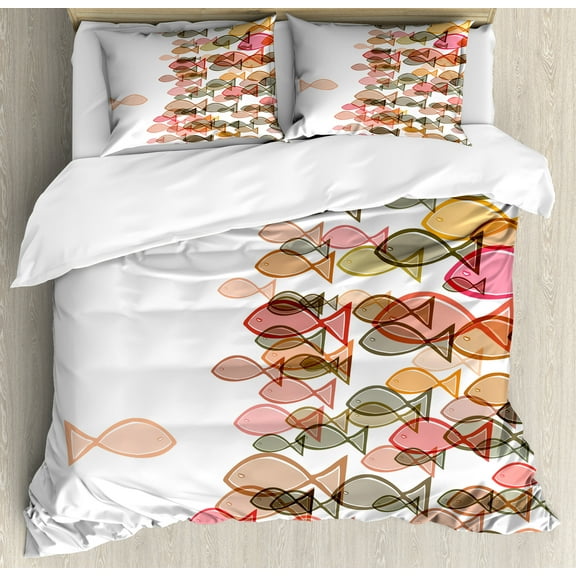 Nautical Duvet Cover Set, Fish Flock Facing Others Design Seashore Print in Soft Pastel Color Tones, Decorative 3 Piece Bedding Set with 2 Pillow Shams, King Size, Multicolor, by Ambesonne