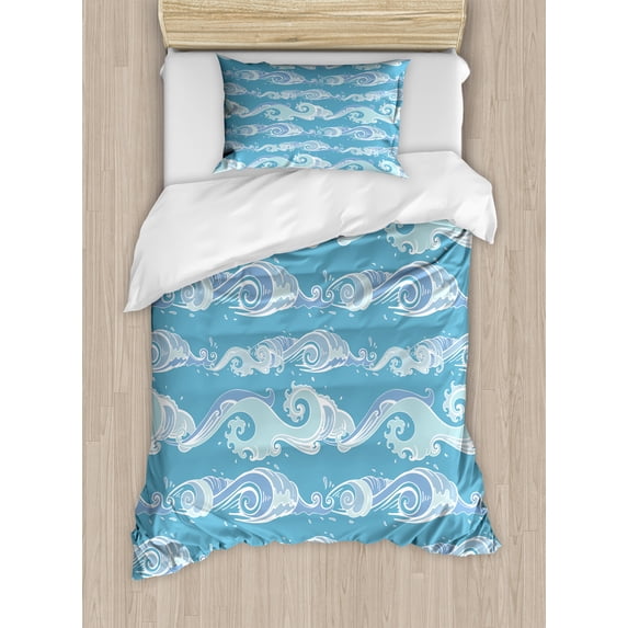 Nautical Duvet Cover Set, Horizontally Arranged Sea Waves Splashes, Decorative 2 Piece Bedding Set with 1 Pillow Shams, Twin Size, Sea Blue Pale Teal, by Ambesonne