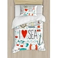 thumbnail image 1 of Nautical Duvet Cover Set, I Love Sea Words Heart Materials Anchor Compass Knotted, Decorative 2 Piece Bedding Set with 1 Pillow Shams, Twin Size, White Red Blue, by Ambesonne, 1 of 3