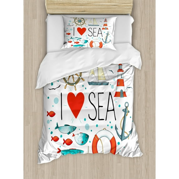 Nautical Duvet Cover Set, I Love Sea Words Heart Materials Anchor Compass Knotted, Decorative 2 Piece Bedding Set with 1 Pillow Shams, Twin Size, White Red Blue, by Ambesonne