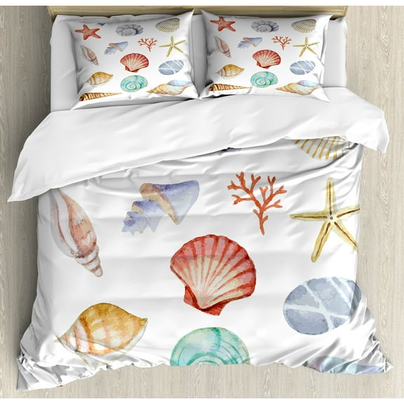 Nautical Duvet Cover Set, Illustration of Different Seashells Scallop Mollusk Summer Exotic Creatures Animals, Decorative 3 Piece Bedding Set with 2 Pillow Shams, Calking Size, Multi, by Ambesonne