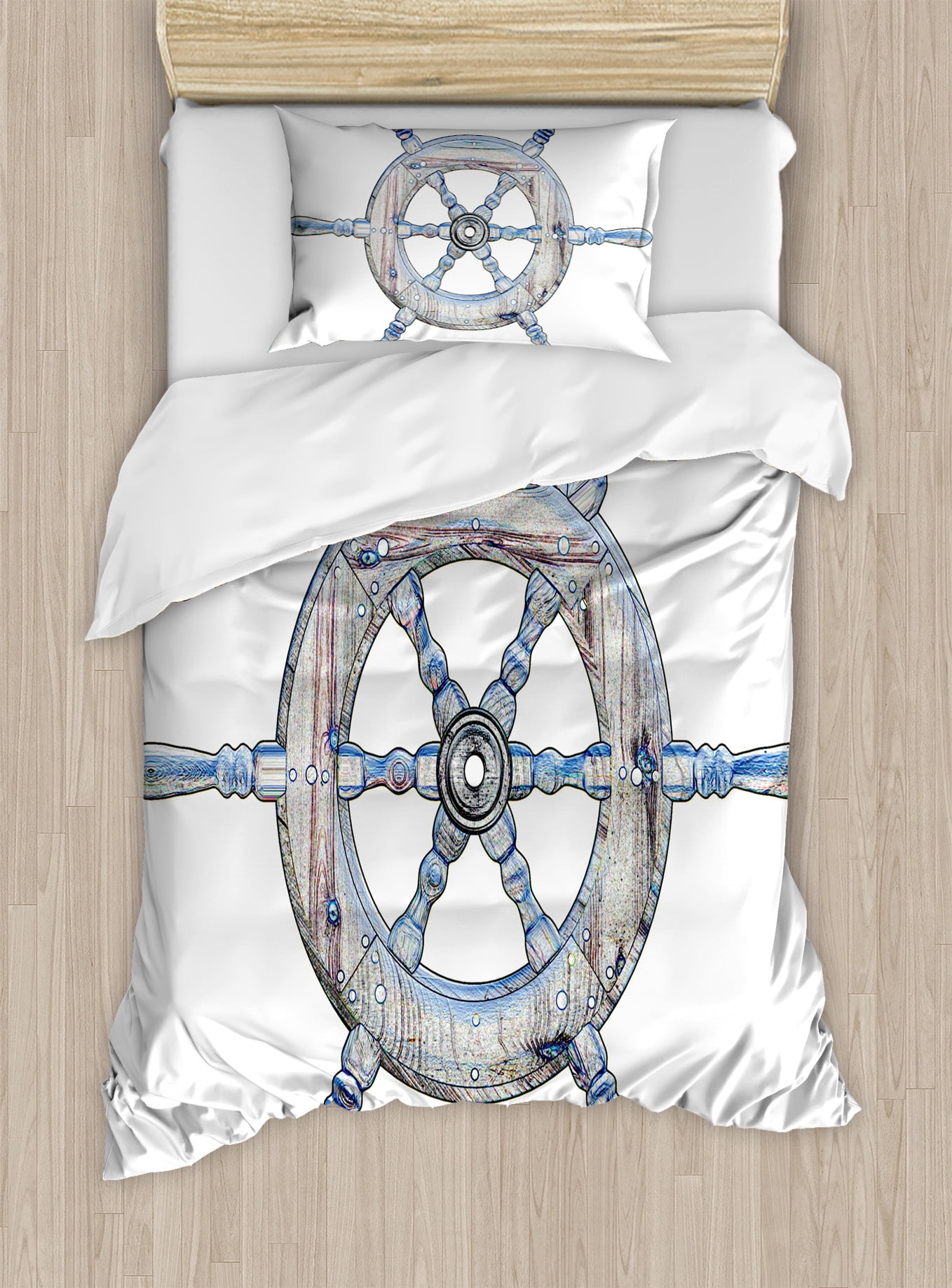 Twin Blue and White Nautical Ship Wheel Duvet Cover Set