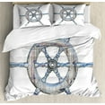 thumbnail image 1 of Nautical Duvet Cover Set, Illustration of a Wooden Ship Wheel over White Backdrop Sail Exploring Ocean Theme, Decorative 3 Piece Bedding Set with 2 Pillow Shams, King Size, Blue White, by Ambesonne, 1 of 3