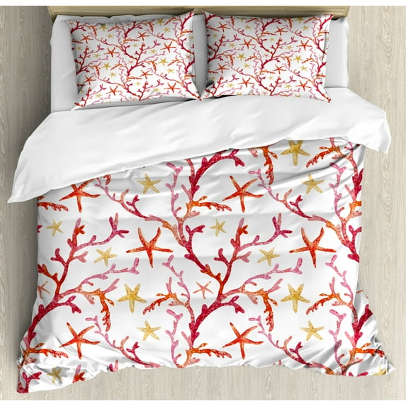 Nautical Duvet Cover Set King Size, Colorful Corals Shells and Crabs Marine Lifestyle on a Plain Background, Decorative 3 Piece Bedding Set with 2 Pillow Shams, White and Multicolor, by Ambesonne