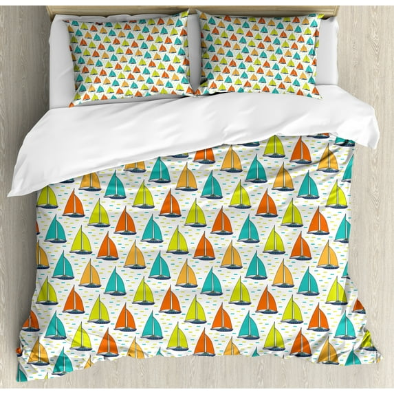 Nautical Duvet Cover Set King Size, Colorful Windboats on the Sea Sailing Extreme Sports Themed Digital Composition, Decorative 3 Piece Bedding Set with 2 Pillow Shams, Multicolor, by Ambesonne