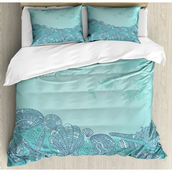 Nautical Duvet Cover Set King Size, Marine Beauty Shell with Seahorse Starfish Oysters Ocean Sea Tropical Image, Decorative 3 Piece Bedding Set with 2 Pillow Shams, Turquoise Teal, by Ambesonne