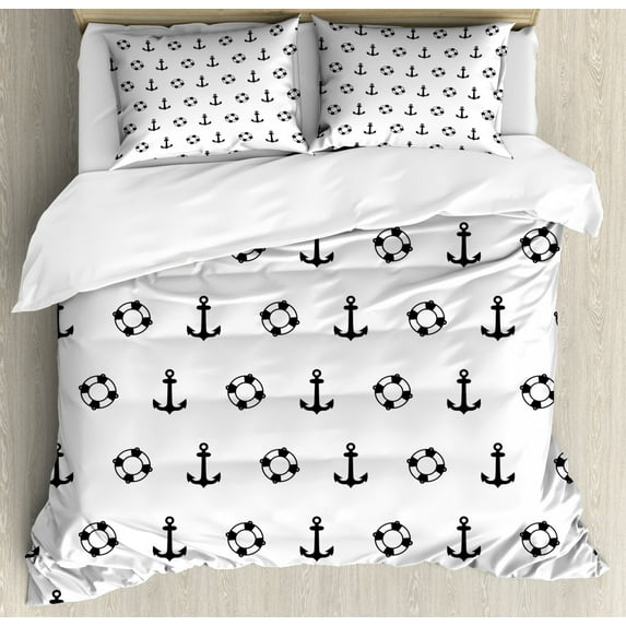 Nautical Duvet Cover Set King Size, Maritime Theme Objects Anchors and Lifebuoys Pattern Navy Ocean High Seas, Decorative 3 Piece Bedding Set with 2 Pillow Shams, Black and White, by Ambesonne