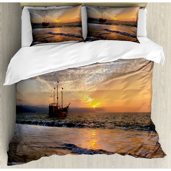 Nautical Duvet Cover Set King Size, Pirate Ship Sailing in Waves Fantasy in the Sea Horizon Moon Sky Surreal Scenery, Decorative 3 Piece Bedding Set with 2 Pillow Shams, Multicolor, by Ambesonne