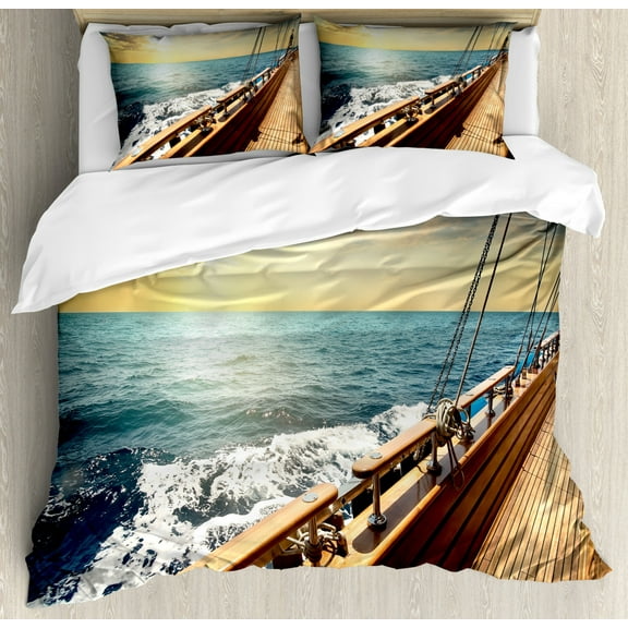 Nautical Duvet Cover Set King Size, Sailboat in Mediterranean Waves at Sunset Sky Relax Yacht Wind Relax Scenery, Decorative 3 Piece Bedding Set with 2 Pillow Shams, Cream and Blue, by Ambesonne