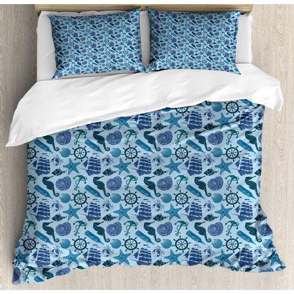 Nautical Duvet Cover Set, Marine Art of Anchor Seahorse Sailboat Fish Crab Adventurous Theme, Decorative 3 Piece Bedding Set with 2 Pillow Shams, King Size, Sea Blue and Dark Teal, by Ambesonne