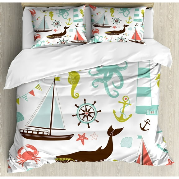 Nautical Duvet Cover Set, Pastel Colored Composition of Lighthouse Sailboat Fish Shells Octopus and Anchor, Decorative 3 Piece Bedding Set with 2 Pillow Shams, Calking Size, Multicolor, by Ambesonne