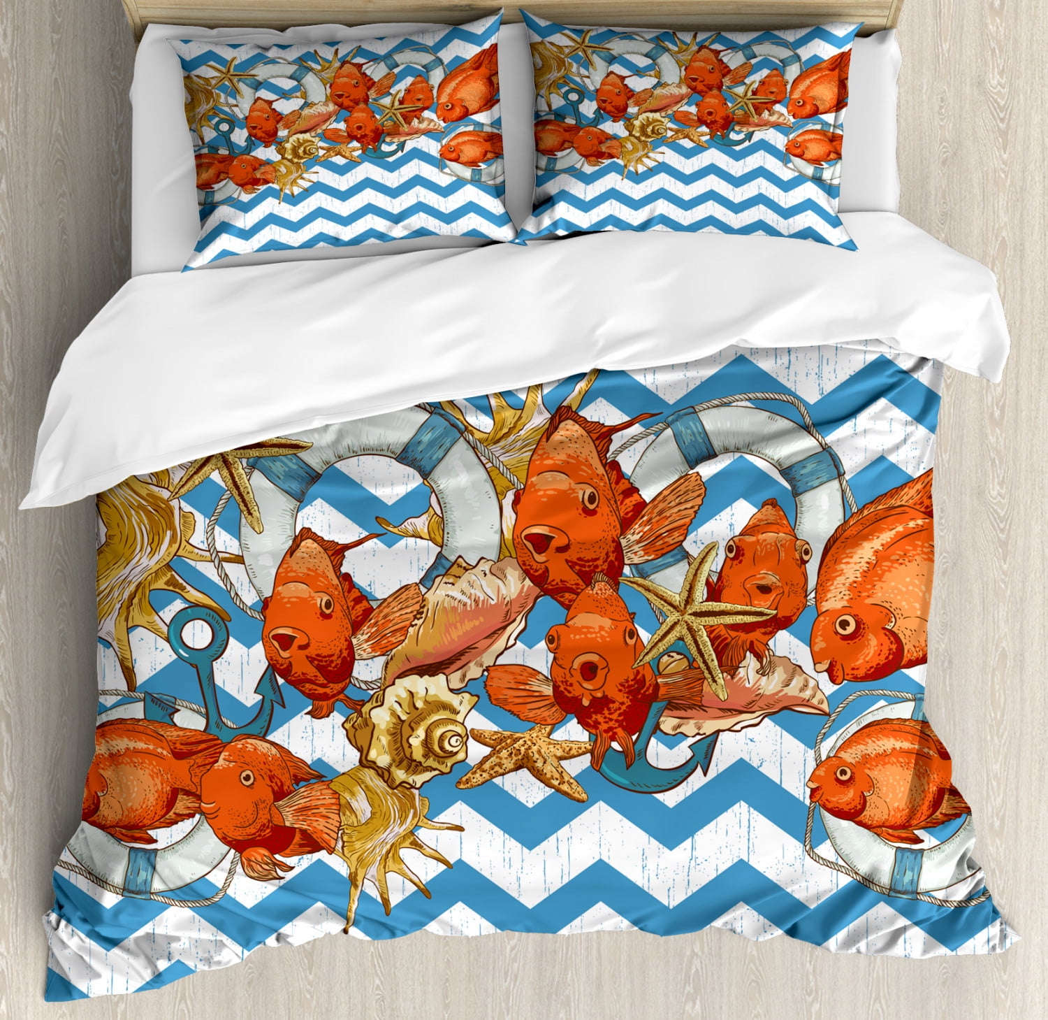 Nautical Duvet Cover Set Queen Size, Chevron Zigzag Lines with Fishes ...